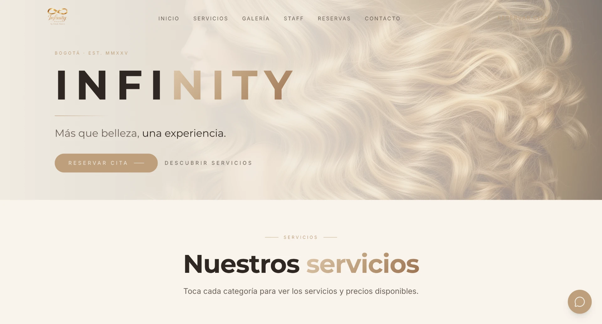 Vista del sitio web de Infinity Peluquería